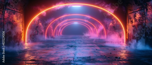 Futuristic neon-lit tunnel with glowing arches and misty atmosphere  creating a sci-fi and cyberpunk aesthetic.