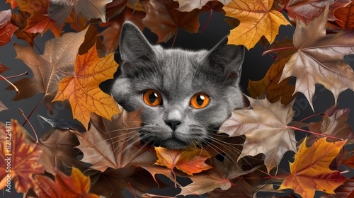 A cat is hiding in a pile of autumn leaves