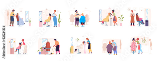Hair salon customers. Hairdresser cutting customer in chair, cartoon hairstylist workplace barber dresser character haircutter work dryer comb, beauty classy vector illustration