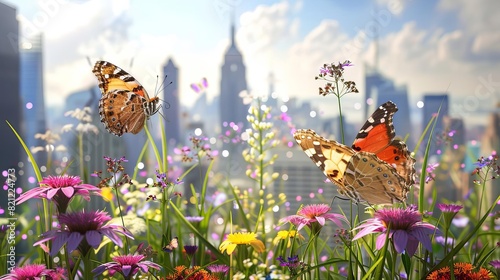 Butterflies pollinating flowers in a rooftop garden, with city buildings visible in the background photo