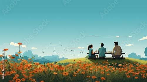 a couple sitting on a bench in a field of flowers photo