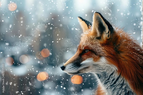 A beautiful red fox is looking out the window  watching the snow fall.