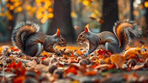 Two squirrels eating nuts in the fall leaves. photo