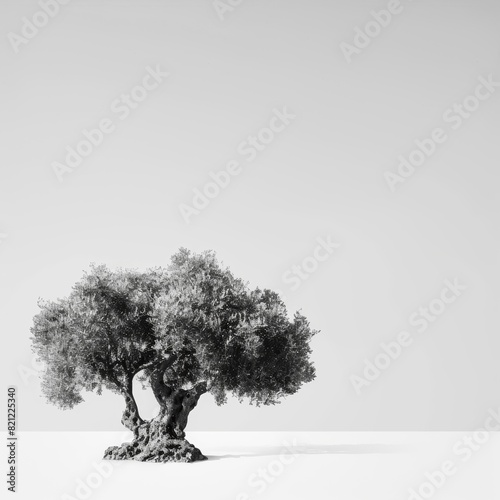 black and white photograph of a centenary olive tree on a white background photo