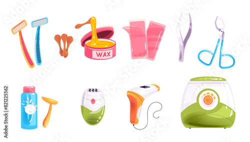 Hair removal equipment. Hairs epilation depilation home method or beauty salon devices, wax female razor spatula ipl laser machine epilator, skin hygiene classy vector illustration