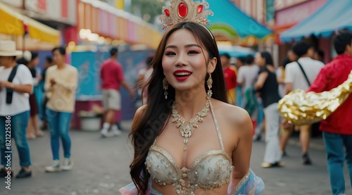 Beautiful attractive asian woman model dancing on the streets during carnival © PeopleWorker