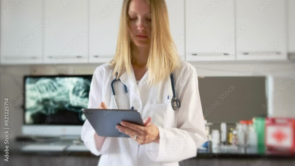 Young woman doctor portrait writing on digital tablet, checklist in clinic for inspection, healthcare report. Female medic blonde with clipboard. Slow motion. Young woman doctor portrait writing on digital tablet, checklist in clinic for inspection, healthcare report. Female medic blonde with clipboard. Slow motion.