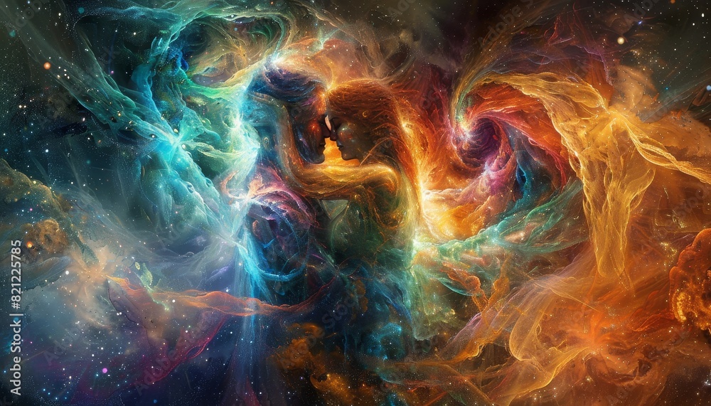 Fototapeta premium A couple of people are kissing in space by AI generated image
