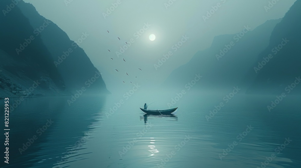 Fototapeta premium Serene sunrise view over a foggy lake with a solitary boat, creating a tranquil and moody setting in stunning 4k quality