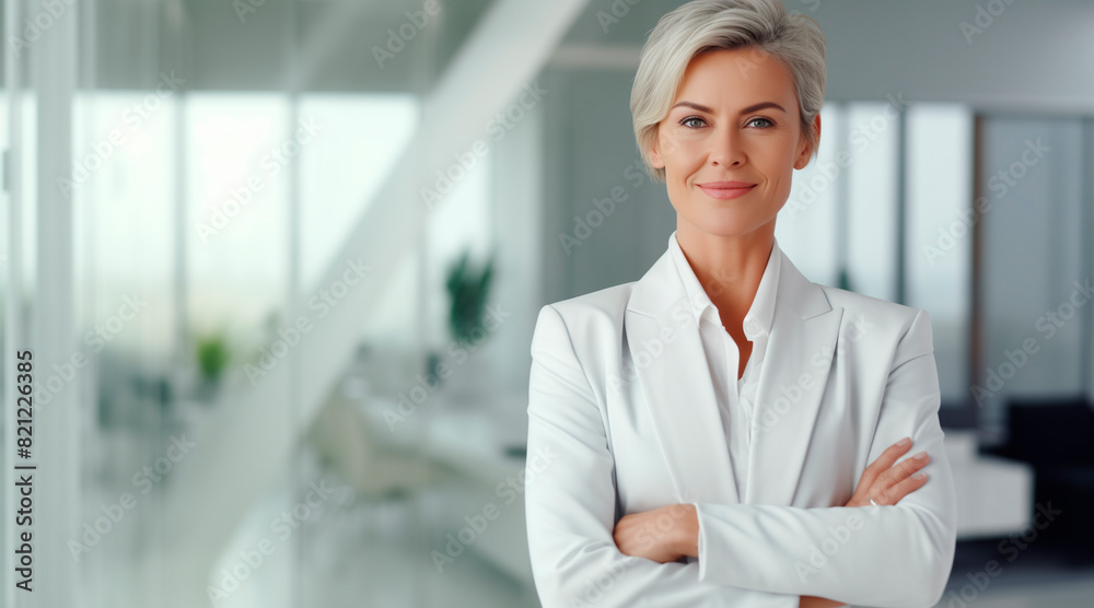 Happy middle aged business woman ceo standing in office arms crossed. Smiling mature confident professional executive manager, proud lawyer, businessman leader wearing white suit Happy middle aged business woman ceo standing in office arms crossed. Smiling mature confident professional executive manager, proud lawyer, businessman leader wearing white suit