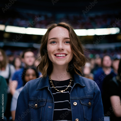 ragazza giovane su sfondo di un pubblico in concerto sfuocato photo