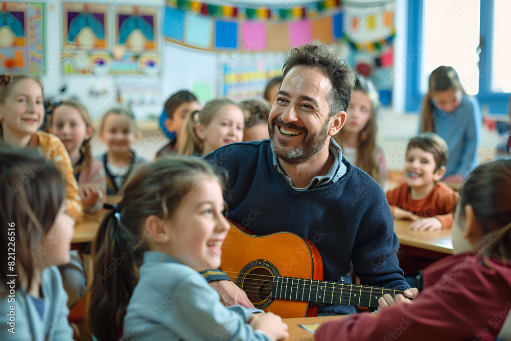 Fototapeta premium A male music teacher plays the guitar in a school class surrounded by happy children. School, education concept.