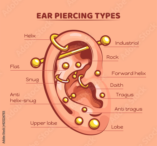 Ear piercing types. Pierced ears infographic chart, fashion beautiful body jewelry ring lifestyle lobe flat helix conch orbital rook tragus daith