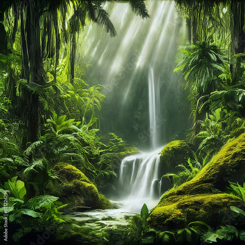 waterfall in the forest.beautiful jungle pencil art 3D . Beautiful wallpaper 