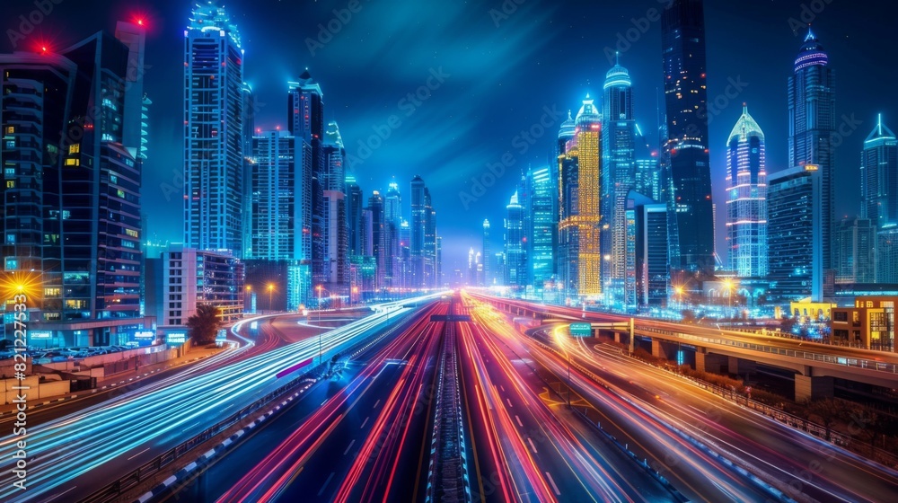 Fototapeta premium Smart Cities, Sustainable Futures: Showcase the role of petrochemicals in creating smart city infrastructure, from energy-efficient buildings to intelligent transportation systems 