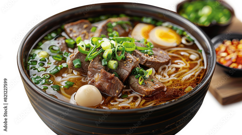 A bowl of clear soup rice noodles, exuding a rich aroma, with its bone broth soup and tantalizing flavor, clear soup, top with pieces Braised beef slices. Generative AI. A bowl of clear soup rice noodles, exuding a rich aroma, with its bone broth soup and tantalizing flavor, clear soup, top with pieces Braised beef slices. Generative AI.