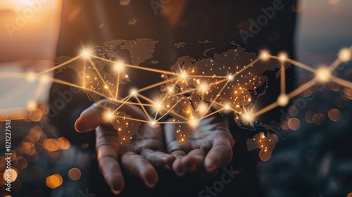 Global Perspective: Include hints of a global perspective, such as a faint world map in the background or interconnected nodes, to suggest that the business goals and solutions have a broad impact.  photo