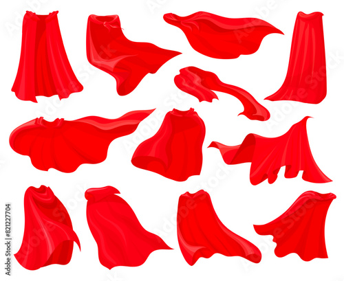 Cartoon red cloaks. Superhero fly capes, magic hero cloak super man robe flying fabric silk flowing wind scarf clothing shawl comic character cape costume, neat vector illustration