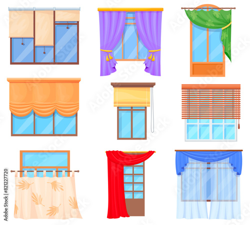 Cartoon curtains types. Hanging curtain on windows, hang fabric or closed roller blinds for luxury hotel room office home kitchen window decor interior, neat vector illustration
