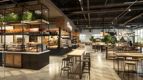 Supermarket evolving into a community hub, offering coworking spaces and social areas, bright and inviting design, modern and functional  