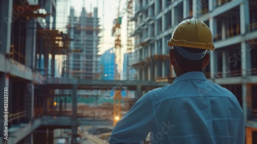 Construction worker looking at the progress of a building under construction.