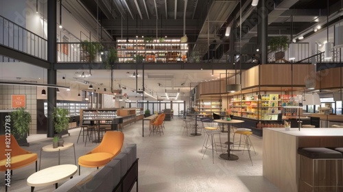 Supermarket evolving into a community hub, offering coworking spaces and social areas, bright and inviting design, modern and functional 