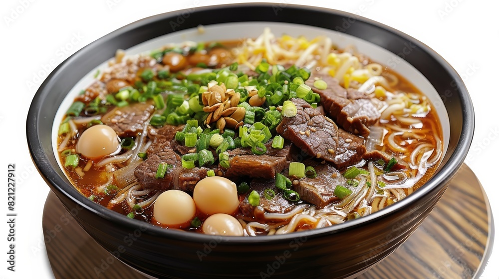 A bowl of clear soup rice noodles, exuding a rich aroma, with its bone broth soup and tantalizing flavor, clear soup, top with pieces Braised beef slices. Generative AI.