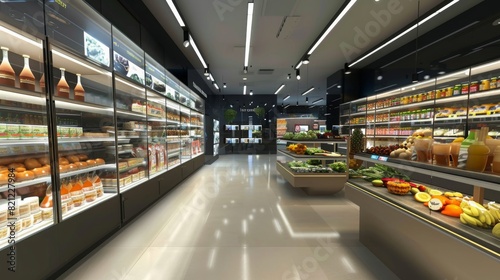 Supermarket with digital shelves that track inventory, sleek and modern layout, integrated with holographic displays --ar 16:9 --style raw Job ID: 5c71461d-dd63-48ec-9c33-e64b1b70bc8d