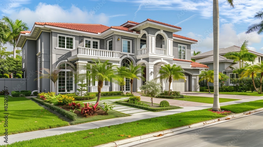 Facade of an elegant house with gray walls with white details, a red tiled roof, a front garden with abundant tropical plants, palm trees, short grass, sidewalk, driveway and garage Facade of an elegant house with gray walls with white details, a red tiled roof, a front garden with abundant tropical plants, palm trees, short grass, sidewalk, driveway and garage