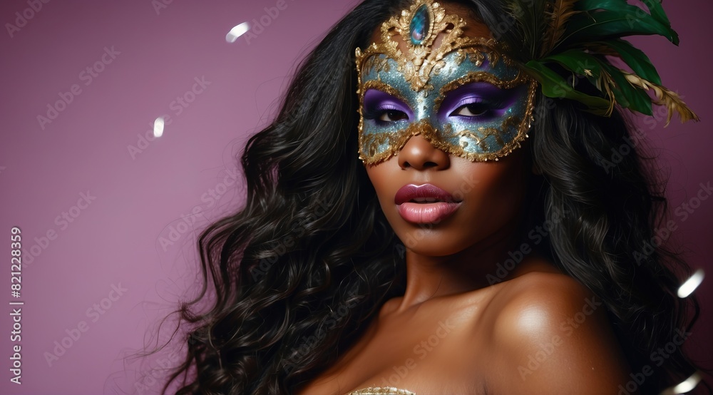 Beautiful attractive black woman model in a carnival mask