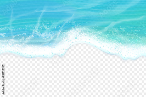 Realistic sea wave top view. Ocean soapy blue waves down border aerial background, transparent coast marine foam natural lake beach water coastline travel exact vector illustration