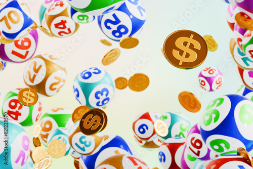 Colorful lottery balls and gold coins floating, representing a lottery or gambling theme.3d rendering