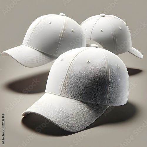 Concept white baseball cap mockup, three views, isolated background, white background. photo