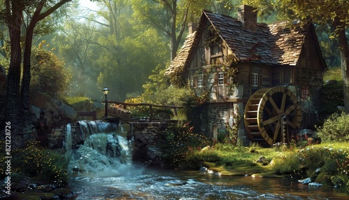 A house with a water wheel in front of a waterfall by AI generated image