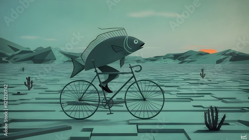 Sci-fi comic book panel of A fish riding a bicycle