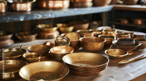 A variety of brass bowls are arranged neatly on a wooden table.