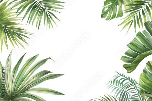 Tropical frame with exotic jungle palm plants, palm leaves, and empty space for text