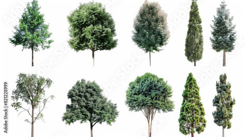 Assortment of eight isolated trees on white background  showcasing different species and shapes suitable for architectural renderings and design elements.