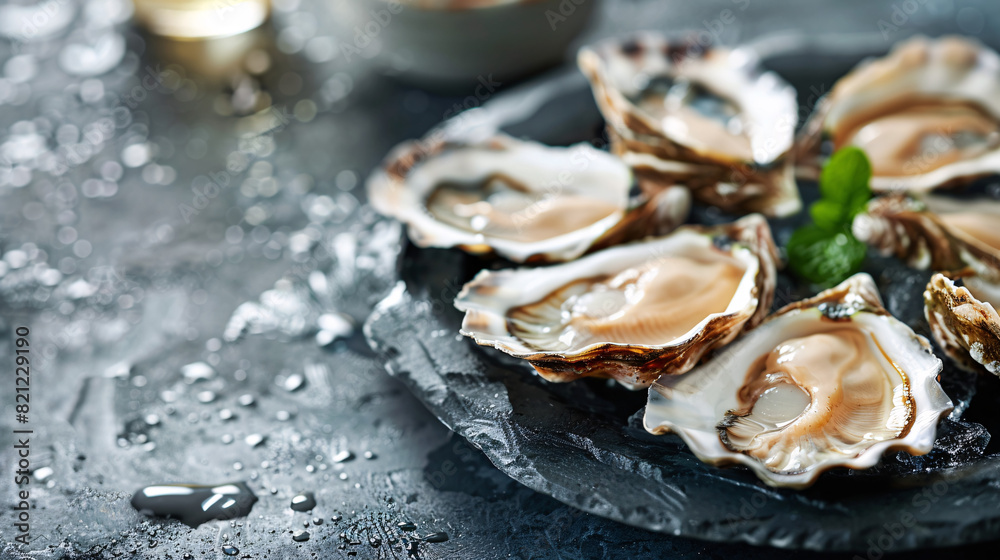 Fresh oysters on a plate with ice and lemon. A plate of fresh oysters served on ice, garnished with lemon, ready for a gourmet meal. Fresh oysters on a plate with ice and lemon. A plate of fresh oysters served on ice, garnished with lemon, ready for a gourmet meal.