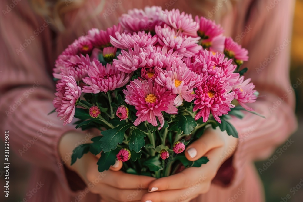 A woman hands gently hold a vibrant bouquet of chrysanthemums A woman hands gently hold a vibrant bouquet of chrysanthemums