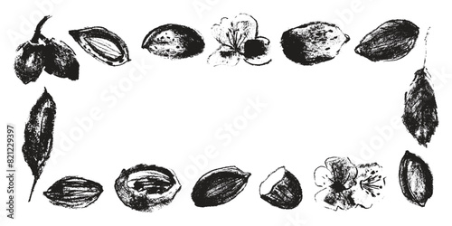 Nut border with almonds illustrations for banner background, packaging, marzipan paste label, poster designs. Vector almond drawings in hand-drawn style. Almonds wreath or border. Chocolate with nuts.