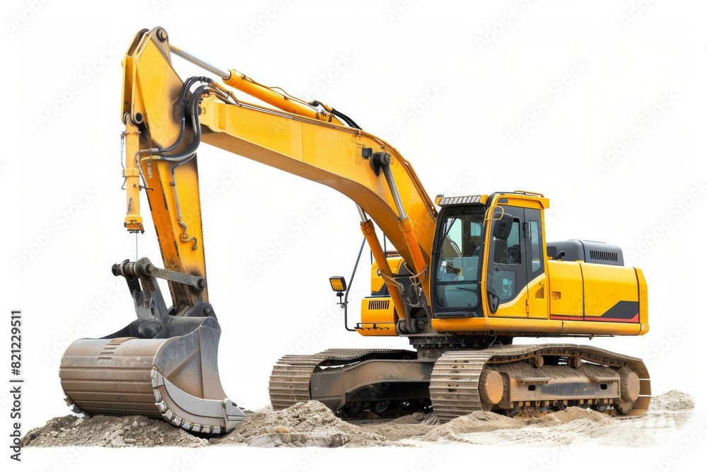 A yellow construction machine is digging into the ground, excavator with bucket A yellow construction machine is digging into the ground, excavator with bucket