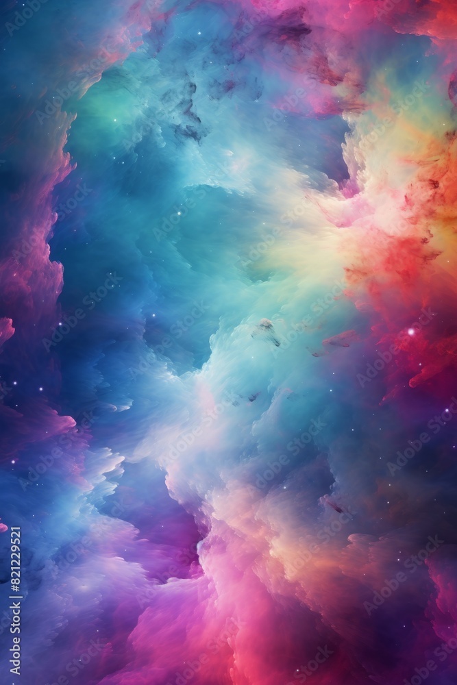 Fototapeta premium Vibrant cosmic nebula with swirling clouds of colorful gas and stars, vertical illustration Outer space, interstellar beauty, galactic phenomenon, colorful universe, celestial art