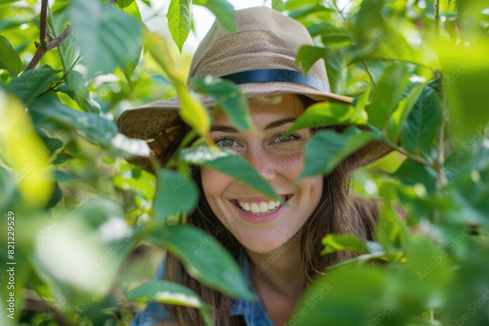 Smile In Trees. Portrait of Woman Gardening in Park, Planting for Ecology and Sustainability Smile In Trees. Portrait of Woman Gardening in Park, Planting for Ecology and Sustainability