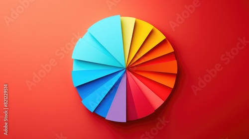 A colorful paper pie chart with a rainbow of colors. The pie chart is made up of different colored pieces of paper on red-orange color background, Concept of Management in Business. photo