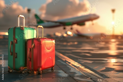 Two suitcases are on the ground next to an airplane, travel concept