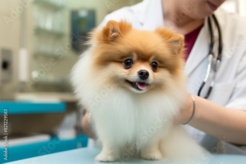 Pomeranian dog being examined by a veterinarian on the table  vertical photo. Pet care  veterinary clinic  health check-up  animal wellness  medical examination
