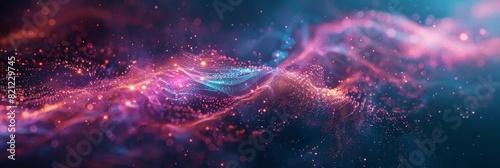 Abstract digital landscape with colorful particles forming waves, featuring bright neon lights and a dark background, horizontal banner with copy space Digital technology, futuristic design, abstract  photo