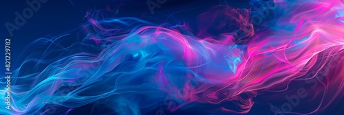Abstract colorful wave illustration with flowing pink, blue, and orange ribbons on a dark blue background, horizontal image with vibrant and dynamic elements