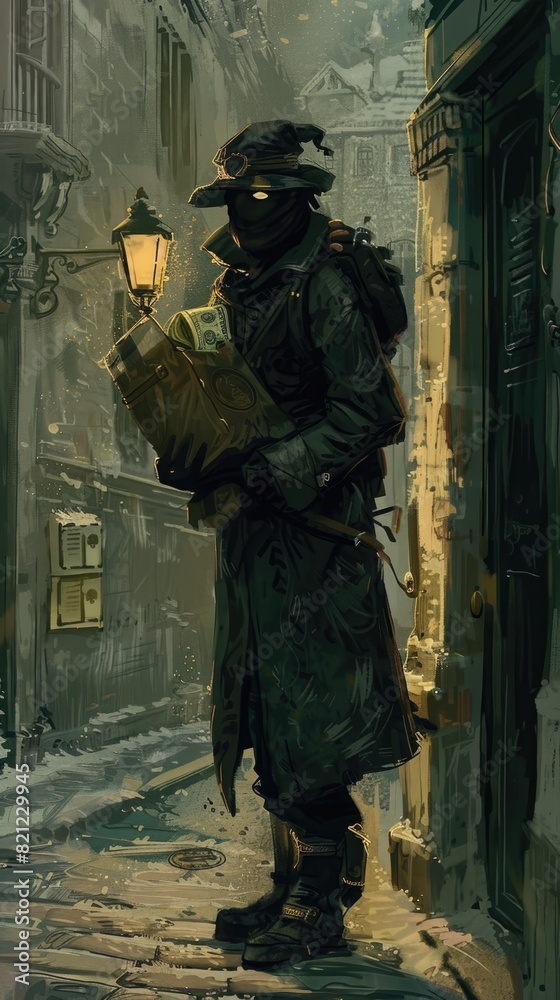 Stealthy Thief Escaping with Ill Gotten Gains in Moonlit Urban Alley